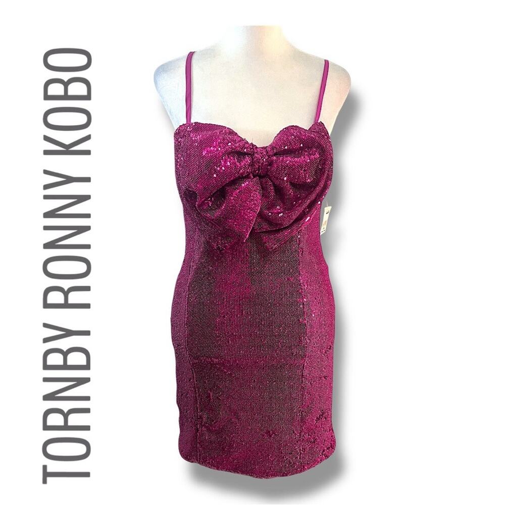 TORNBY RONNY KOBO Strapless Red Sequin Stretch Body Con Dress Dramatic Bow NWT S